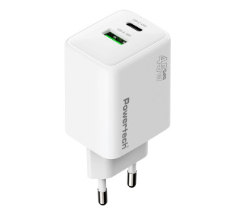 POWERTECH φορτιστής τοίχου PT-1551, USB/USB-C, 45W, GaN, AVS, λευκός