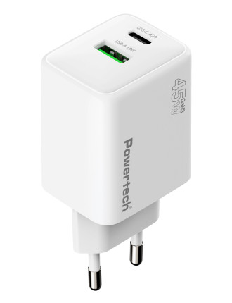 POWERTECH φορτιστής τοίχου PT-1551, USB/USB-C, 45W, GaN, AVS, λευκός