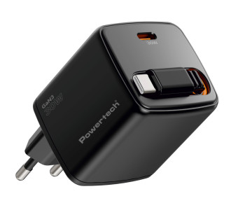 POWERTECH φορτιστής τοίχου PT-1571 με πτυσσόμενο καλώδιο, USB-C, 30W, GaN, μαύρος