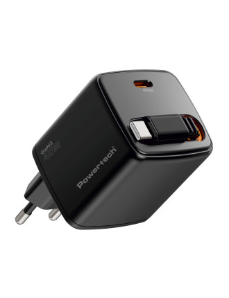 POWERTECH φορτιστής τοίχου PT-1572 με πτυσσόμενο καλώδιο, USB-C, 45W, GaN, μαύρος