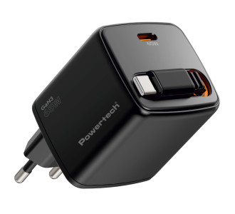 POWERTECH φορτιστής τοίχου PT-1573 με πτυσσόμενο καλώδιο, USB-C, 65W, GaN, μαύρος