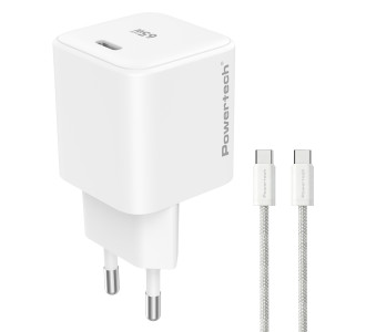 POWERTECH φορτιστής τοίχου PT-1577 με καλώδιο, USB-C, 65W, GaN, AVS, λευκός