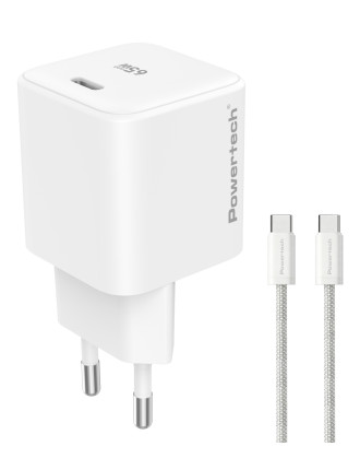 POWERTECH φορτιστής τοίχου PT-1577 με καλώδιο, USB-C, 65W, GaN, AVS, λευκός
