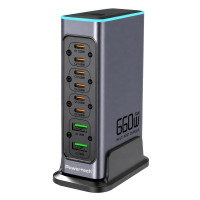 POWERTECH σταθμός φόρτισης PT-1621, 2x USB & 6x USB-C, GaN, 140W, γκρι