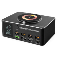 POWERTECH σταθμός φόρτισης PT-1625 με οθόνη, 4x USB/4x USB-C/wireless, 140W, μαύρος