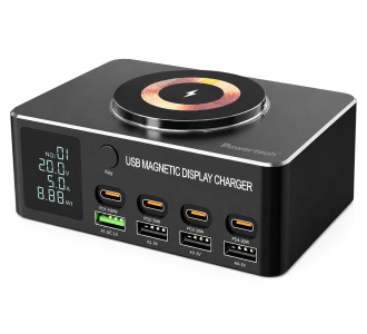 POWERTECH σταθμός φόρτισης PT-1625 με οθόνη, 4x USB/4x USB-C/wireless, 140W, μαύρος POWERTECH σταθμός φόρτισης PT-1625 με οθόνη, 4x USB/4x USB-C/wireless, 140W, μαύρος