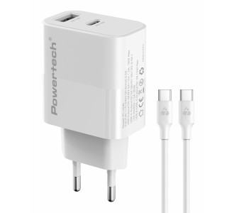 POWERTECH φορτιστής τοίχου PT-1636 με καλώδιο, USB/USB-C, 30W, GaN, λευκός POWERTECH φορτιστής τοίχου PT-1636 με καλώδιο, USB/USB-C, 30W, GaN, λευκός