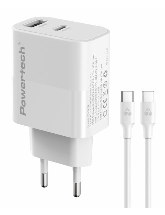 POWERTECH φορτιστής τοίχου PT-1636 με καλώδιο, USB/USB-C, 30W, GaN, λευκός POWERTECH φορτιστής τοίχου PT-1636 με καλώδιο, USB/USB-C, 30W, GaN, λευκός