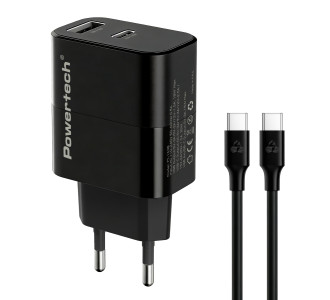 POWERTECH φορτιστής τοίχου PT-1638 με καλώδιο, USB/USB-C, 30W, GaN, μαύρος POWERTECH φορτιστής τοίχου PT-1638 με καλώδιο, USB/USB-C, 30W, GaN, μαύρος