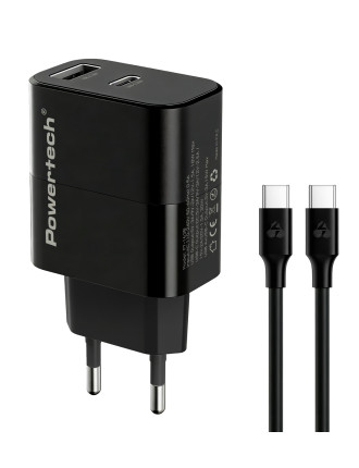 POWERTECH φορτιστής τοίχου PT-1638 με καλώδιο, USB/USB-C, 30W, GaN, μαύρος POWERTECH φορτιστής τοίχου PT-1638 με καλώδιο, USB/USB-C, 30W, GaN, μαύρος