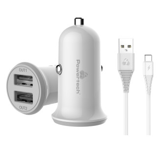 POWERTECH Φορτιστής αυτοκινήτου & καλώδιο Type-C PT-773, 2x USB, 3.4A