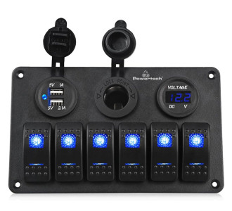 POWERTECH πάνελ σκαφών & οχημάτων PTL-020, πρίζα 12V/2x USB/6x διακόπτες