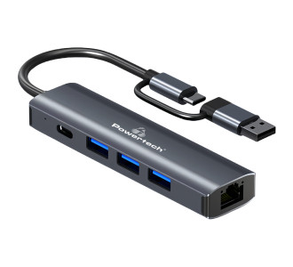 POWERTECH USB hub PTR-0150 με θύρα δικτύου, 4 θυρών, USB & USB-C, γκρι