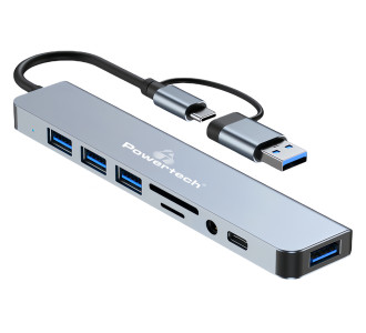 POWERTECH USB hub PTR-0151 με card reader, 8 θυρών, USB & USB-C, γκρι