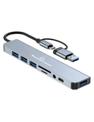 POWERTECH USB hub PTR-0151 με card reader, 8 θυρών, USB & USB-C, γκρι
