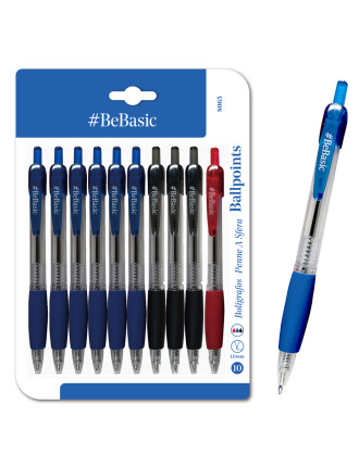 BEBASIC σετ στυλό διαρκείας ballpoint S065, 1mm μύτη, 14.5cm, μπλε/μαύρο/κόκκινο, 10τμχ