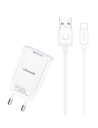 USAMS φορτιστής τοίχου T21OCLN01 με καλώδιο Lightning, USB 2.1A, λευκός