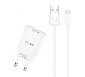USAMS φορτιστής τοίχου T21OCMC01 με καλώδιο Micro USB, USB 2.1A, λευκός