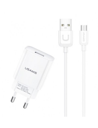 USAMS φορτιστής τοίχου T21OCMC01 με καλώδιο Micro USB, USB 2.1A, λευκός