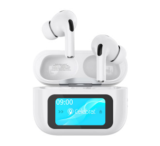 CELEBRAT earphones με θήκη φόρτισης W63, οθόνη αφής, TWS, ANC, 13mm, 30/360mAh, λευκό