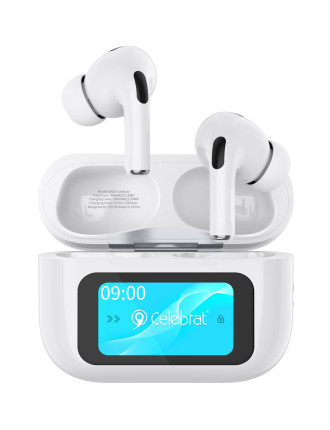 CELEBRAT earphones με θήκη φόρτισης W63, οθόνη αφής, TWS, ANC, 13mm, 30/360mAh, λευκό