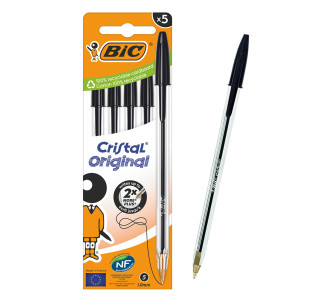 BIC στυλό διαρκείας ballpoint Cristal Original, 1mm μύτη, μαύρο, 5τμχ