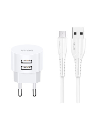 USAMS φορτιστής τοίχου T20 & καλώδιο Micro USB, 2x USB, 2.1A, λευκός