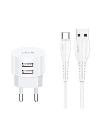 USAMS φορτιστής τοίχου T20 & καλώδιο type-C, 2x USB, 2.1A, λευκός