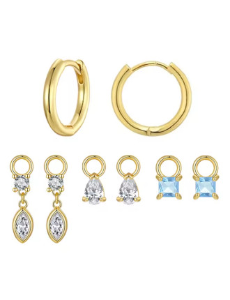BAMOER σκουλαρίκια κρίκοι YIE262 με 3x σετ charm, κυβική ζιρκόνια, χαλκός, χρυσό